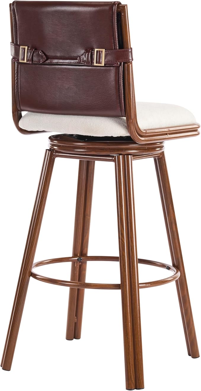 Christopher Knight Home Sibyl Fabric Upholstered Counter Height Bar Stools Set of 2, Metal Stool Chair for Kitchen Island with Faux Leather Backrest, Armless Counter Stool with Footrest, Beige+Walnut