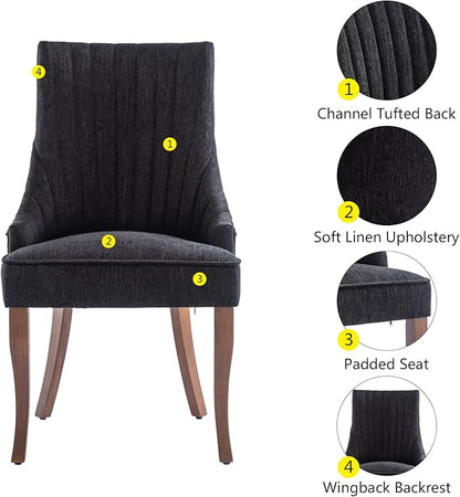 mikibama Linen Dining Chairs Set of 2 Channel Tufted Kitchen Dinner Chair Comfy Fabric Upholstered Accent Chair for Dining Room with Solid Wood Legs (Black)