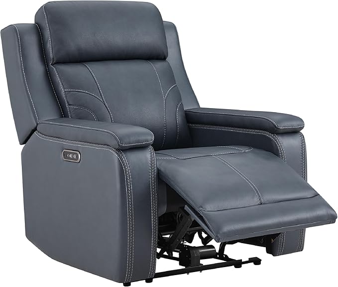 Watson & Whitely Genuine Leather Electric Recliner Chairs for Adults, Lay Flat Recliner with Power Headrest & Chargers for Living Room, Navy
