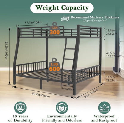 Bunk Bed Full XL Over Queen, Heavy Duty Metal Bunk Bed Frame, Queen bunk Bed with Guardrail Heavy Duty Bunk Bed Frame for Adults - Teens Dorm Bedroom Guest Room（Black）