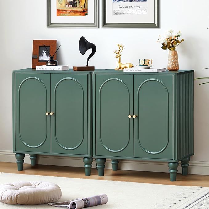 ORRD Fluted Storage Cabinet, Modern Credenza Wooden Accent Sideboard Buffet Cabinet Set of 2 with Adjustable Shelves and Solid Wood Legs, Console Table for Kitchen Dining Living Room Entryway, Green