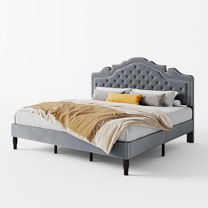 SHA CERLIN King Size Platfrom Bed Frame with Adjustable Headboard/Velvet Upholstered Diamond Button Tufted and Metal Studs/No Box Spring Needed/Easy Assembly/Woodenen Slat Support/Light Grey