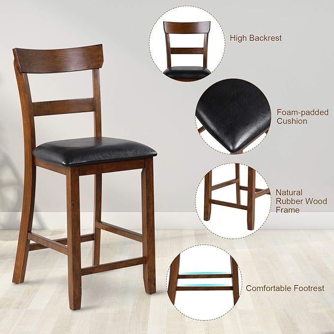COSTWAY Counter Height Bar Stools Set of 2, 25.5 Inch Mid Century Modern Wooden High-top Chairs with Backrest, Rubber Wood Legs, Faux Leather Seat, Farmhouse Barstools for Kitchen Island, Pubs