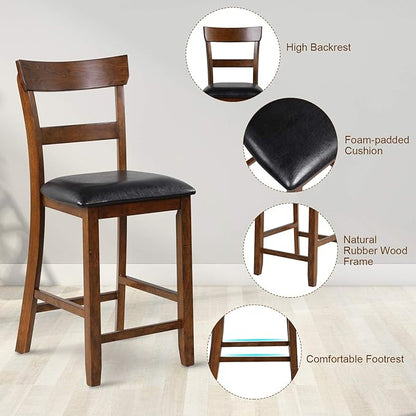 COSTWAY Counter Height Bar Stools Set of 4, 25.5 Inch Mid Century Modern Wooden High-top Chairs with Backrest, Rubber Wood Legs, Faux Leather Seat, Farmhouse Barstools for Kitchen Island, Pubs