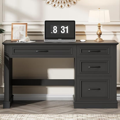 Farmhouse 47" Executive Desk, Computer Desk with Drawers and File Drawer, Workstation Computer Desk with Charging Station for Home Office, Study,(Pure Black)