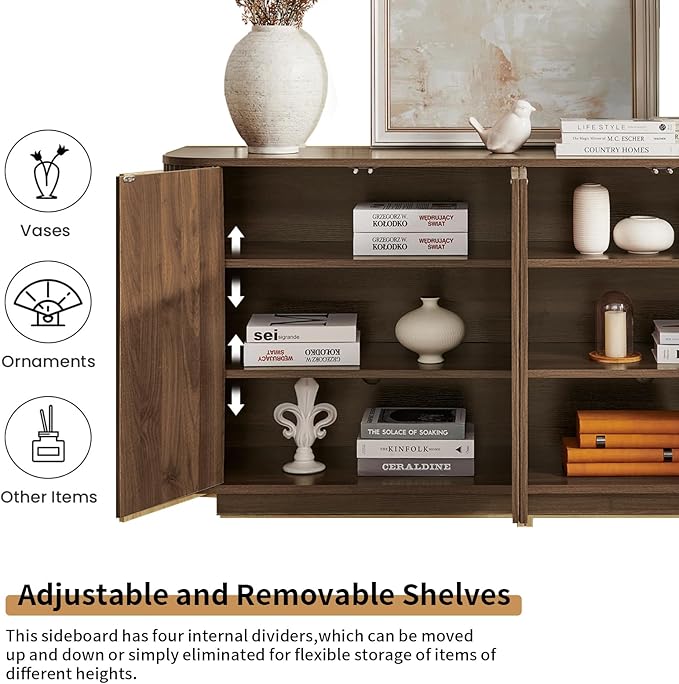 LKTART 64" Buffet Cabinet with Storage, Modern Fluted Accent Sideboard Media Console Credenza with Adjustable Shelves Pressed Spring for Kitchen Living Room,31.5" H (Walnut)
