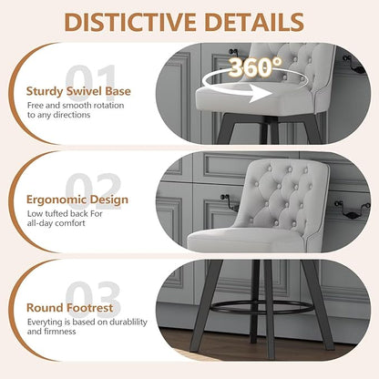 MINCETA Bar Stools Set of 4, PU Leather Barstools, 26 Inch Upholstered Counter Stools with Low Tufted Back and Footrest, Swivel Counter Height Barstools for Kitchen Island Home Bar Light Gray