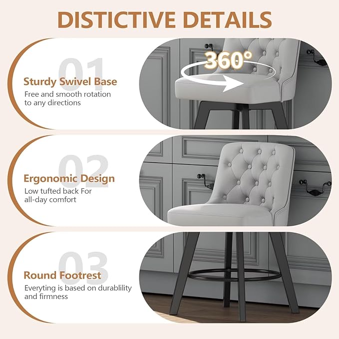 MINCETA Bar Stool, PU Leather Barstool, 30 Inch Upholstered Counter Stool with Low Tufted Back and Footrest, Swivel Counter Height Barstool for Kitchen Island Home Bar Light Gray