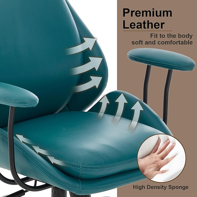 Home Office Desk Chair, PU Casters Ergonomic Computer Chair with Lumbar Support, Adjustable Height, 360°Rolling Swivel Chair, High Back Executive Task, Padded Armrests Chair, Green Leather