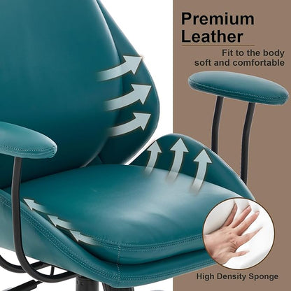 Home Office Desk Chair, PU Casters Ergonomic Computer Chair with Lumbar Support, Adjustable Height, 360°Rolling Swivel Chair, High Back Executive Task, Padded Armrests Chair, Green Leather