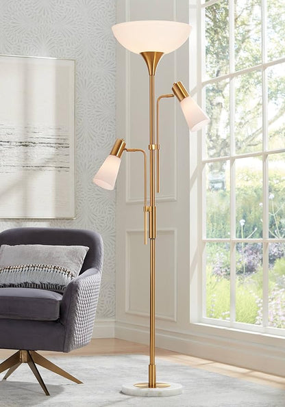 Possini Euro Design Pharos Modern Tree Torchiere Floor Lamp with Side Lights 71" Tall Warm Gold Metal Frosted Glass Shade Decor for Living Room Reading House Bedroom Home Office House
