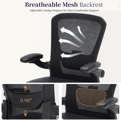 Office Chair Ergonomic, 350lbs Desk Chair Comfy with PU Leather Seat Cushion, Mesh Swivel Computer Chair with Flip-up Armrests Lumbar Support and Height Adjustable for Home Office