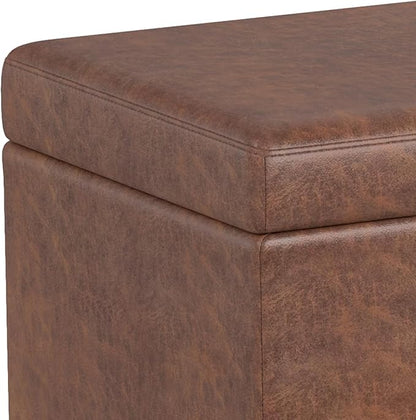 SIMPLIHOME Avalon 54 Inch Wide Contemporary Rectangle Extra Large Storage Ottoman Bench in Distressed Saddle Brown Vegan Faux Leather, Assembled, For the Living Room, Entryway and Family Room