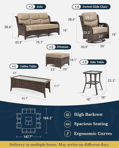 HILLGA Luxury Patio Furniture Set with 6-Inch Thick Cushions, High Back Outdoor Swivel Rocker Chairs and Patio Couch, 11-Piece All Weather Conversation Set for Porch Deck Pool Yard, Beige (V3)