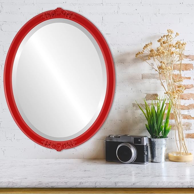 OVALCREST Oval Beveled Wall Mirror for Home Decor - Athena Style - Holiday Red - 18" x 14" Outside Dimensions