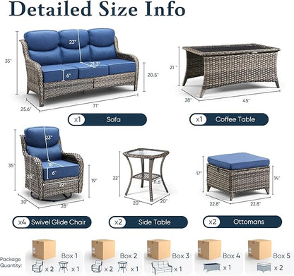 Belord Luxury 6" Thick Cushioned 10 Pieces Patio Furniture Set with Outdoor Couch, Wicker Outdoor Conversation Set with High Back Swivel Rocker Chairs for Deck Porch Yard and Poolside - Grey+Blue