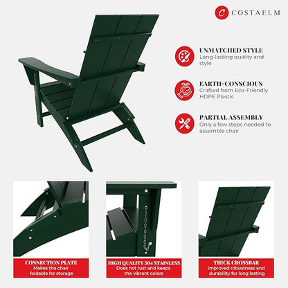 Costaelm Folding Adirondack Chairs, Outdoor Patio Adjustable Lawn Chairs, Weather Resistant Outside Firepit Chairs for Porch, Poolside, Garden, Backyard Deck, Dark Green