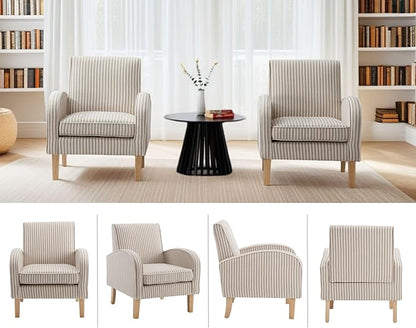 Farmhouse Striped Accent Chair for Living Room Set of 1, Linen Fabric Modern Comfy Armchairs with Cushion, Upholstered Striped Reading Chairs for Bedroom Couch Chair with Wood Legs, Khaki