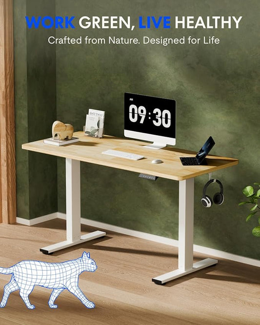 FLEXISPOT EN1 One-Piece Solid Wooden Standing Desk 48 x 24 Inches Height Adjustable Electric Sit Stand Home Office Desks (White Frame + Rubber Wood Top, 2 Packages)