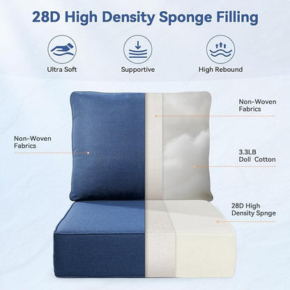 Luxury 6" Outdoor Cushions for Patio Furniture, 24x24x6" Thick Seat Cushion Set of 4, Fade Resistant Couch Chair Replacement Cushions High Density Deep Wicker Chair Cushion w/ Removable Cover, Blue