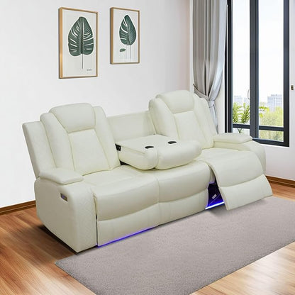 Power Recliner Sofa Set with LED, Creamy White Leather Reclining Living Room Couch, Muti-Functional Recliner Leather Sofa Set with Storage Console/Cup Holders/USB Ports