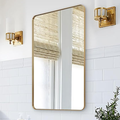 ANDY STAR 24x40 Inch Gold Bathroom Mirror, Stainless Steel Metal Frame with Rounded Corner, Rectangle Glass Panel Wall Mounted Mirror Decorative for Bathroom