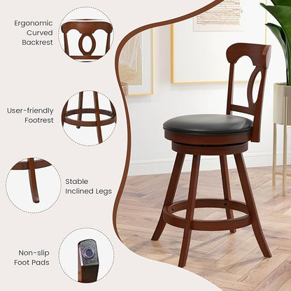 COSTWAY 2 PCS Bar Stools, 24 Inch Swivel Counter Height Chairs with Ergonomic Back & Footrest, Vintage Wooden Barstool Set for Kitchen Island, Pub, Bistro, Café, Espresso (4, 24 Inch)