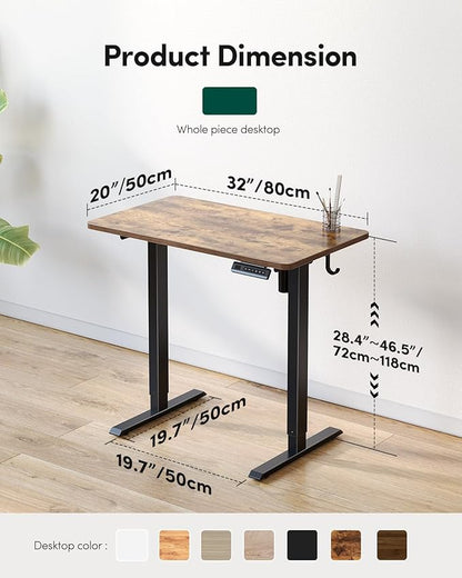 FEZIBO One-Piece Standing Desk Adjustable Height Stand up Home Office Desk, 32x24 Inch Electric Standing Computer Desk, with 4 Memory Presets, Headphone Hook, Rustic Brown