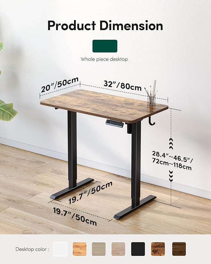 FEZIBO One-Piece Standing Desk Adjustable Height Stand up Home Office Desk, 32x20 Inch Electric Standing Computer Desk, with 4 Memory Presets, Headphone Hook, Rustic Brown