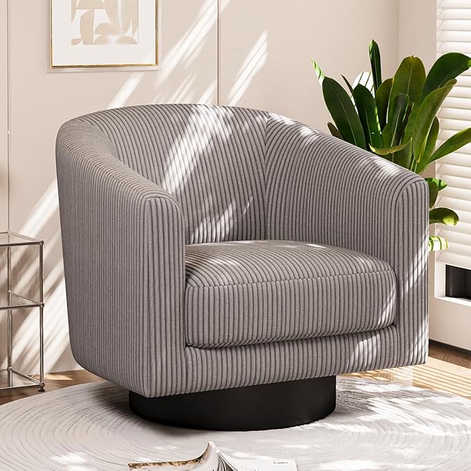 360° Swivel Accent Chairs, Modern Bucket Chair, Corduroy Barrel Armchair, Comfy Boucle Chair, Single Sofa for Living Room Bedroom. Dark Grey