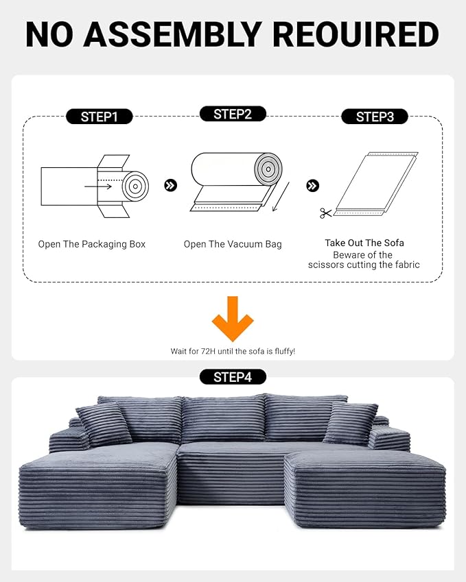 108 Inch Cloud Sectional Couch,Modern Modular Sectional Sofa with Deep Seat,Corduroy Boneless Couches with L-Shape Chaise for Living Room,No Assembly Required (Grey, Left Facing Chaise + Ottoman)