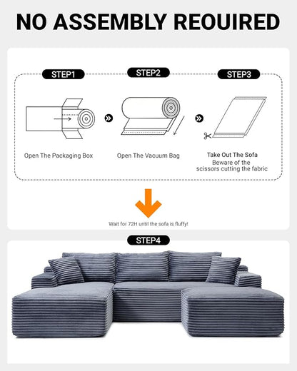 108 Inch Cloud Sectional Couch,Modern Modular Sectional Sofa with Deep Seat,Corduroy Boneless Couches with L-Shape Chaise for Living Room,No Assembly Required (Grey, Left Facing Chaise + Ottoman)