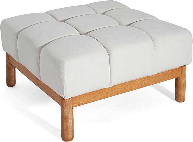 Christopher Knight Home Annette Square Ottoman Footstool with Grid Tufting, Living Room Sofa Ottoman with Wood Frame, Fabric Upholstery Coffee Table, Comfy Seating with Dense Foam Padding, White