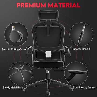 Ergonomic Office Chair - 400LB Comfy Desk Chairs with Adjustable Headrest and Lumbar Back Support, Mesh Computer Chairs with Wheels and Arms for Home Office, Study, Bedroom and Dorm (01black)