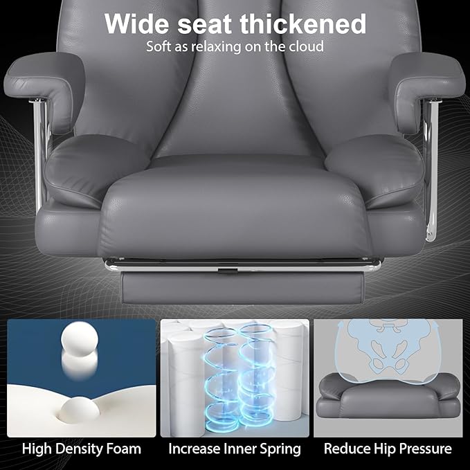 Big and Tall Office Chair, Executive Home Office Desk Chair, Comfy Leather High-Back Reclining Computer Chair with Retractable Footrest and Padded Arms, 360°Swivel Rolling Wheels, Wide Seat, Gray