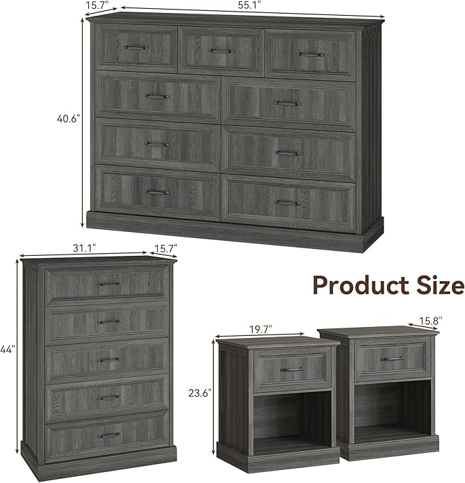 Farmhouse Dresser and Nightstand Sets, 4Pcs Bedroom Furniture Set, Nightstand Set of 2 & 55" Wide 9 Drawer and 44" Tall 5 Drawer Dresser with Large Drawers & Bar Handles, Grey