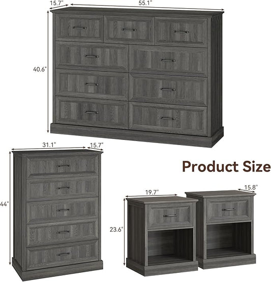 Farmhouse Dresser and Nightstand Sets, 4Pcs Bedroom Furniture Set, Nightstand Set of 2 & 55" Wide 9 Drawer and 44" Tall 5 Drawer Dresser with Large Drawers & Bar Handles, Grey