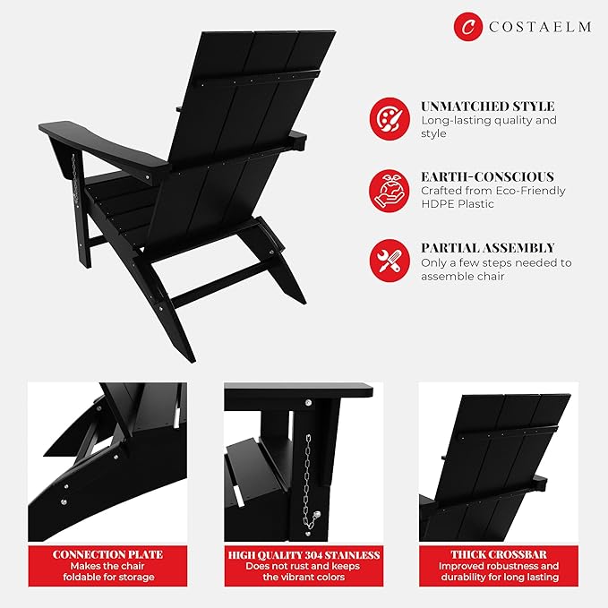 Costaelm Folding Adirondack Chairs, Outdoor Patio Adjustable Lawn Chairs, Weather Resistant Outside Firepit Chairs for Porch, Poolside, Garden, Backyard Deck, Black