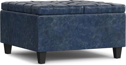 SIMPLIHOME Harrison 30 inch Wide Transitional Square Small Coffee Table Storage Ottoman in Denim Blue Vegan Faux Leather, Assembled, for The Living Room and Bedroom