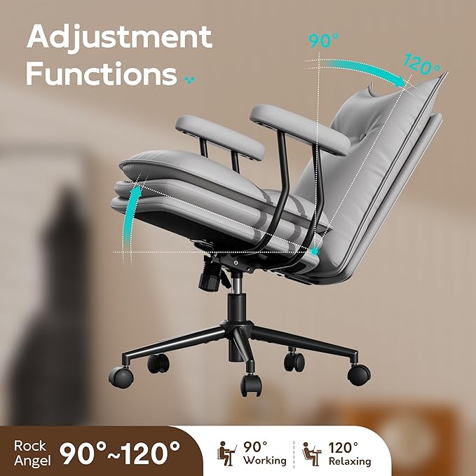 Grey Office Chair with Wheels,Triple-Layers Thicken Wide Seat Height Adjustable,Mid Back Computer Leather Desk Chair for Home,Office