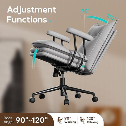 Grey Office Chair with Wheels,Triple-Layers Thicken Wide Seat Height Adjustable,Mid Back Computer Leather Desk Chair for Home,Office