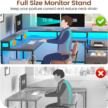 SEDETA L Shaped Desk, 66" Home Office Desk with Wood File Drawer & Power Outlet, Gaming Desk with Led Lights, Corner Computer Desk with Monitor Shelf, Printer Storage Shelves, Two Person Desk, Grey