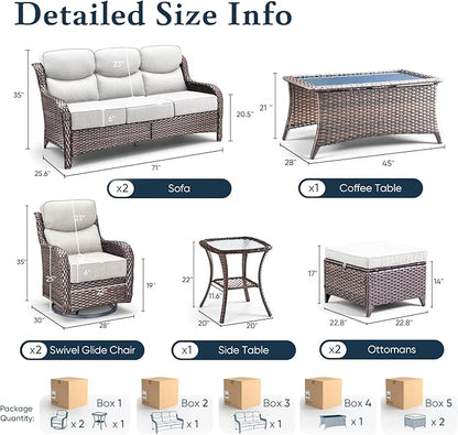 Belord Luxury 6" Thick Cushioned 8 Pieces Patio Furniture Set with Outdoor Couch, Wicker Outdoor Conversation Set with High Back Swivel Rocker Chairs for Deck Porch Yard and Poolside - Brown+Beige