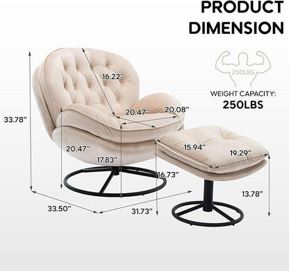 360° Swivel Modern Velvet Accent Chair with Ottoman | Mid-Century Button Tufted Lounge Chair for Living Room & Bedroom, Beige