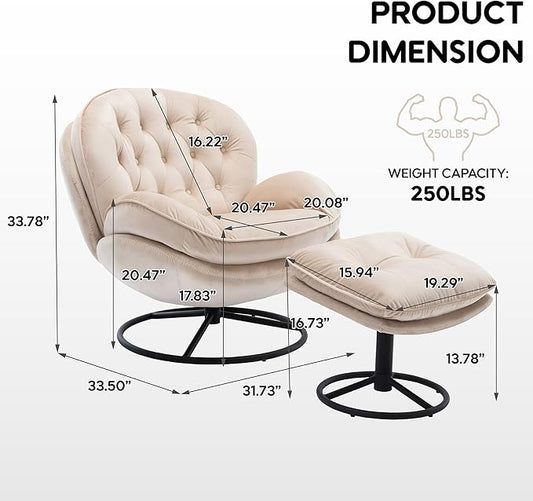 Set of 2 360° Swivel Modern Velvet Accent Chair with Ottoman | Mid-Century Button Tufted Lounge Chair for Living Room & Bedroom, Beige