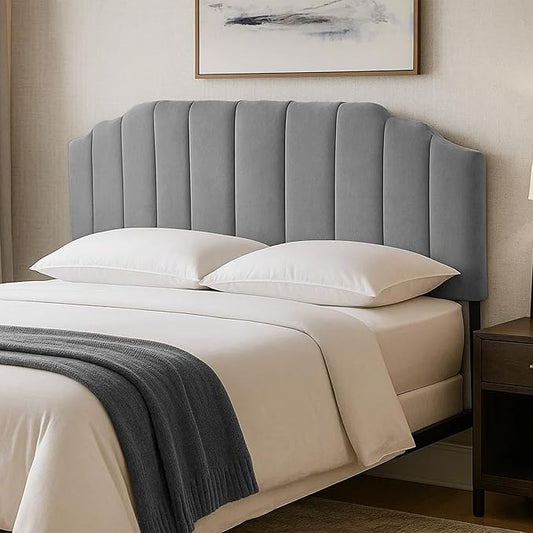 Upholstered Headboard Adjustable Height Queen/King Headboard Cream Velvet Tufted Modern Vertical Channel Design with Stepped Silhouette Top Edge(Grey Queen)