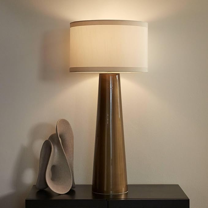 Possini Euro Design Karen Modern Table Lamp 36" Tall Dark Gold Tapered Glass Column Off White Fabric Drum Shade Decor for Living Room Bedroom House Bedside Nightstand Home Office Entryway Family