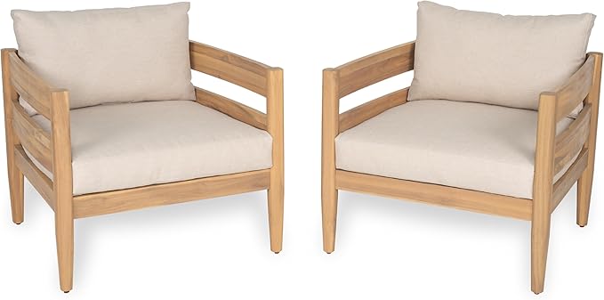 Christopher Knight Home Annie Acacia Wood Outdoor Chairs Set of 2, Patio Lounge Chair Outdoor with Slatted Back, Accent Chair with Cushions, Stylish Armchair for Balcony/Garden, Beige + Light Teak