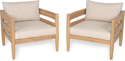 Christopher Knight Home Annie Acacia Wood Outdoor Chairs Set of 2, Patio Lounge Chair Outdoor with Slatted Back, Accent Chair with Cushions, Stylish Armchair for Balcony/Garden, Beige + Light Teak
