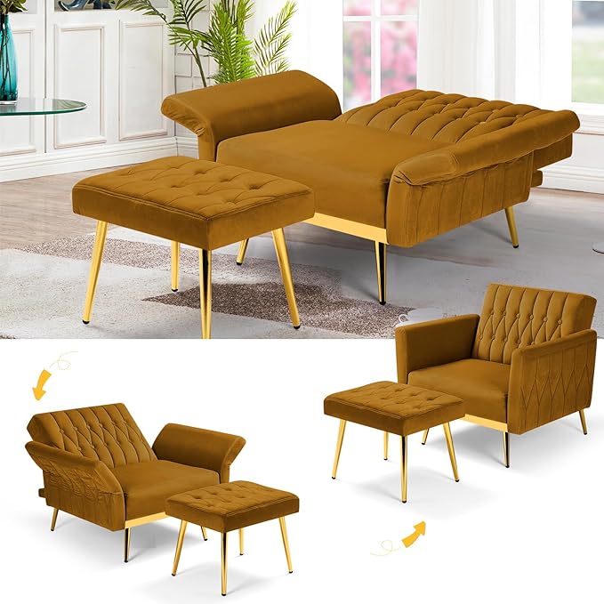 Velvet Accent Chair with Adjustable Armrests and Backrest, Button Tufted Lounge Chair, Single Recliner Armchair with Ottoman and Pillow for Living Room, Bedroom, Ginger
